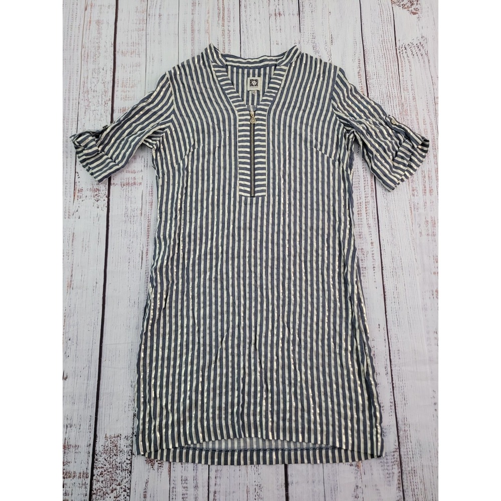 Anne Klein Blue Metallic Gold Striped Short Sleeve 1/4 Zip Shift Dress Women's 6